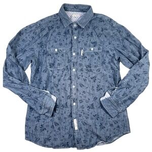 Marc Ecko Mens M Chambray Shirt Blue Floral Long Sleeve Button Up Casual
